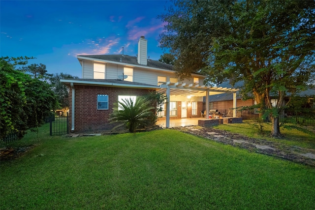 8014 Sports Haven Dr, Humble, TX 77346 - rear view of house featuring a chimney, a pergola, brick siding, and a patio area