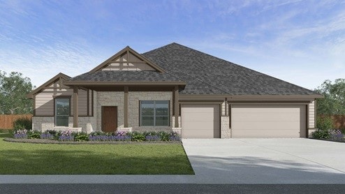 225 Sycamore, Lumberton, TX 77657 - view of front of house featuring an attached garage, a front lawn, driveway, and stone siding