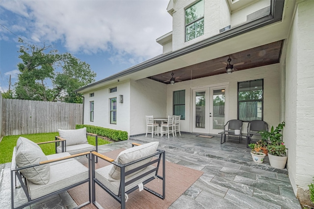 6525 Wharton St, Houston, TX 77055 - view of patio with french doors, a ceiling fan, outdoor lounge area, and outdoor dining space