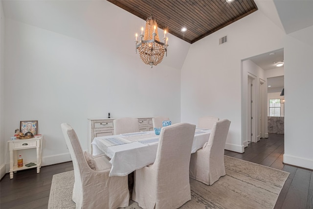 6525 Wharton St, Houston, TX 77055 - dining area with wooden ceiling, a chandelier, hardwood / wood-style flooring, recessed lighting, and high vaulted ceiling