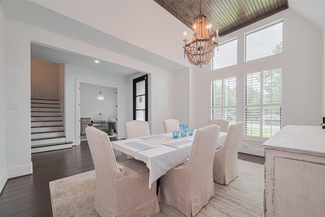 6525 Wharton St, Houston, TX 77055 - dining space featuring stairway, a chandelier, wood finished floors, high vaulted ceiling, and wooden ceiling