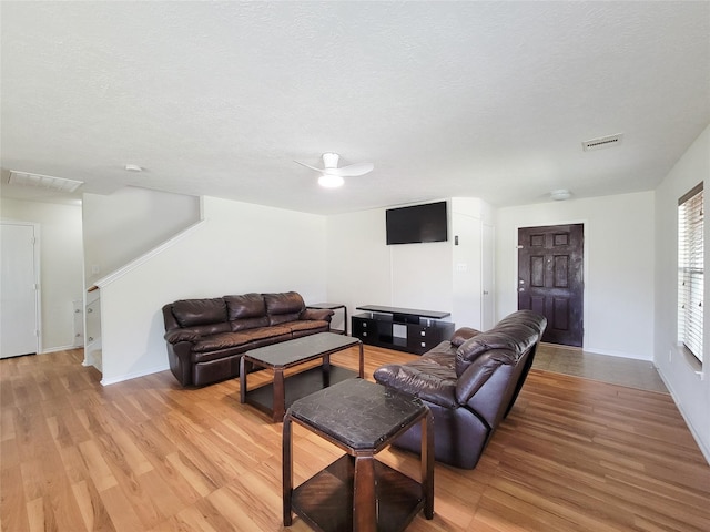 18403 Fair Grange Ln, Cypress, TX 77433 - living room featuring light wood finished floors, ceiling fan, and a textured ceiling