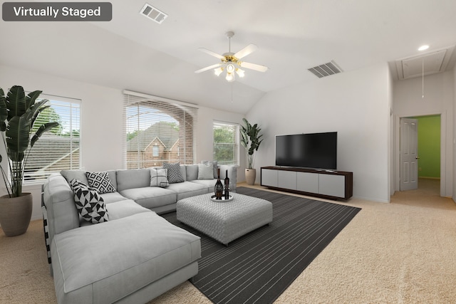7615 Brae Acres Ct, Houston, TX 77074 - living area featuring attic access, light colored carpet, lofted ceiling, and ceiling fan
