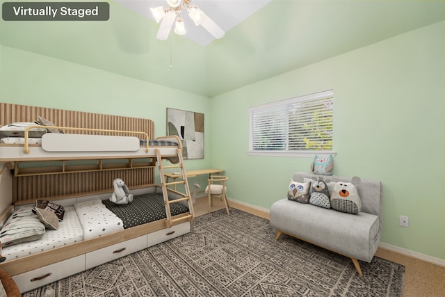 7615 Brae Acres Ct, Houston, TX 77074 - bedroom with carpet floors, ceiling fan, and lofted ceiling