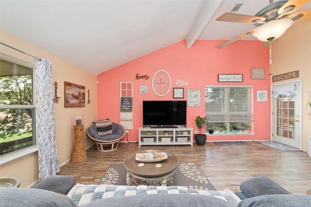 3060 High Plains Dr, Katy, TX 77449 - living room with beam ceiling, a ceiling fan, wood finished floors, and high vaulted ceiling