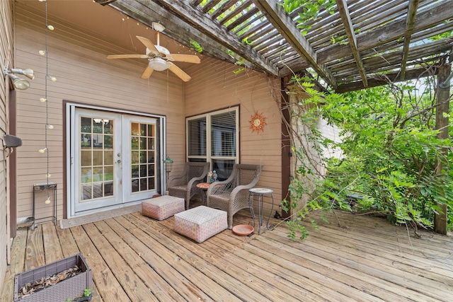 3060 High Plains Dr, Katy, TX 77449 - deck with french doors, a ceiling fan, and a pergola