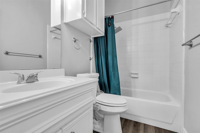 3731 Crescent Dr, Pearland, TX 77584 - bathroom with shower / bath combination with curtain, vanity, and wood finished floors