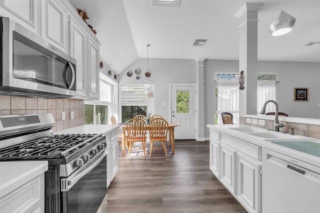 3731 Crescent Dr, Pearland, TX 77584 - kitchen with appliances with stainless steel finishes, plenty of natural light, dark wood-type flooring, light countertops, and vaulted ceiling