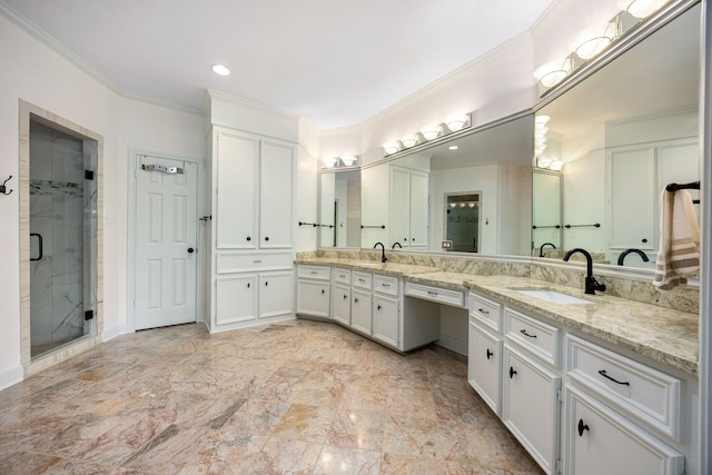 1267 Creekford Cir, Sugar Land, TX 77478 - bathroom featuring double vanity, ornamental molding, a shower stall, recessed lighting, and marble finish floors
