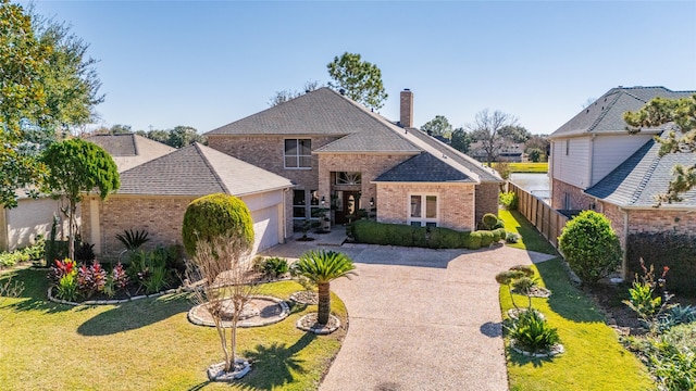 1267 Creekford Cir, Sugar Land, TX 77478 - french provincial home with brick siding, a chimney, an attached garage, and driveway
