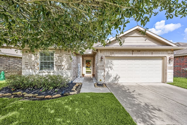 15110 Sierra Ridge Dr, Humble, TX 77396 - ranch-style home featuring brick siding, concrete driveway, an attached garage, and a front lawn