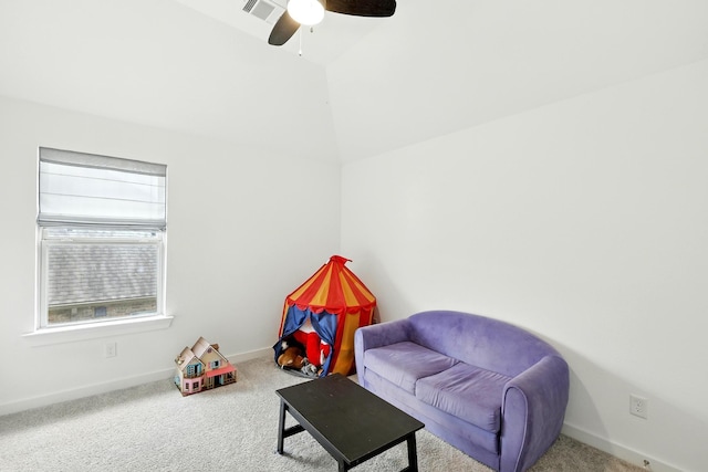2607 Open Prairie Ln, Katy, TX 77493 - sitting room with carpet, lofted ceiling, and a ceiling fan