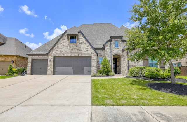 2607 Open Prairie Ln, Katy, TX 77493 - french country style house featuring concrete driveway, roof with shingles, a front yard, and brick siding