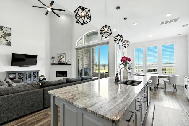 2607 Open Prairie Ln, Katy, TX 77493 - kitchen with dark wood-style floors, light stone counters, open floor plan, plenty of natural light, and a towering ceiling