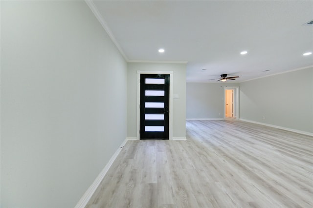 1221 Delores St, Kemah, TX 77565 - entryway with crown molding, recessed lighting, light wood-type flooring, and ceiling fan