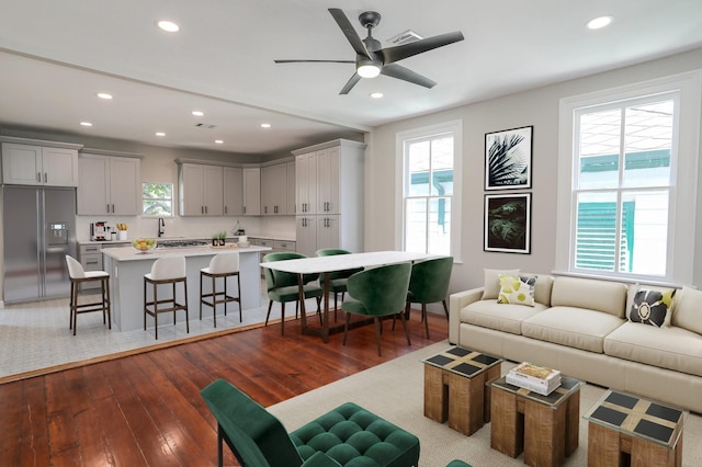 3128 Avenue N, Galveston, TX 77550 - living room with recessed lighting, plenty of natural light, hardwood / wood-style flooring, and a ceiling fan