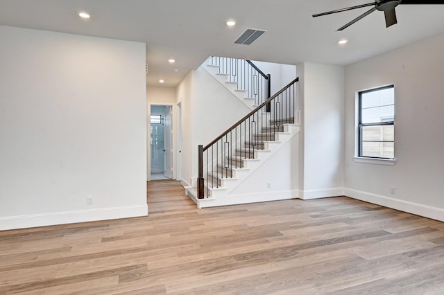 12008 Royal Oaks Banner Way, Houston, TX 77082 - entryway with stairway, a ceiling fan, light wood-type flooring, and recessed lighting