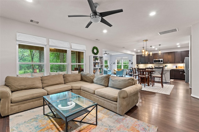 1942 Elkington Cir, Conroe, TX 77304 - living room with a ceiling fan, recessed lighting, and wood finished floors