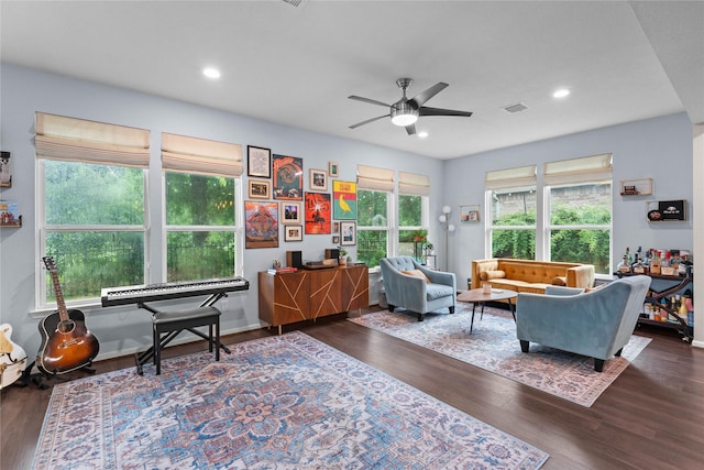 1942 Elkington Cir, Conroe, TX 77304 - living area featuring a ceiling fan, wood finished floors, and recessed lighting