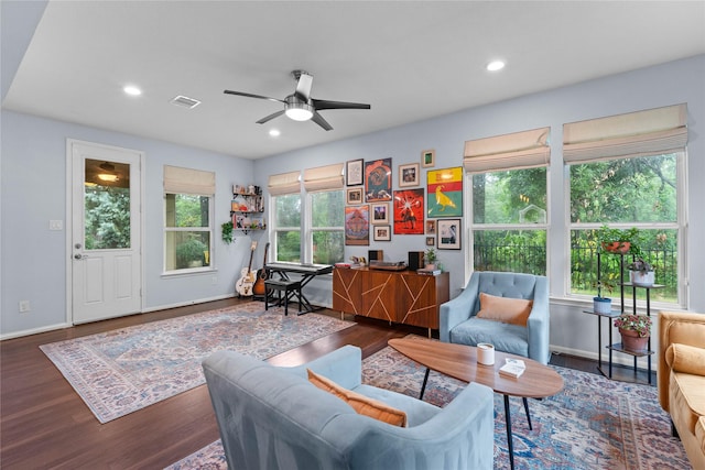1942 Elkington Cir, Conroe, TX 77304 - living area with a ceiling fan, wood finished floors, a desk, and recessed lighting