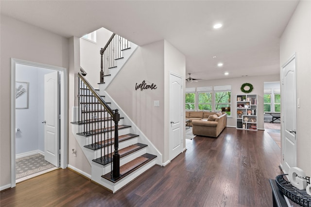 1942 Elkington Cir, Conroe, TX 77304 - stairway featuring wood finished floors, ceiling fan, and recessed lighting