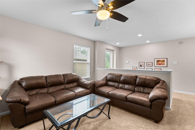 1942 Elkington Cir, Conroe, TX 77304 - living room featuring light carpet, a ceiling fan, and recessed lighting