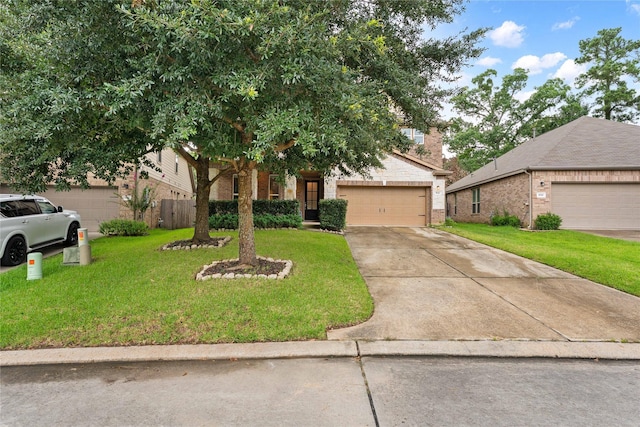 1942 Elkington Cir, Conroe, TX 77304 - view of property hidden behind natural elements with brick siding, a front lawn, concrete driveway, and a garage