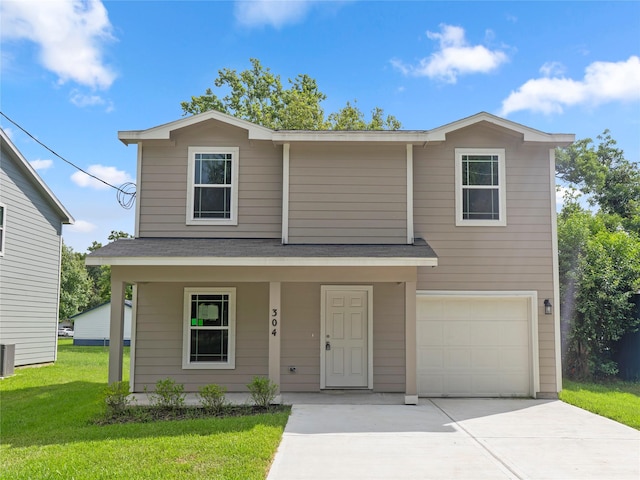 304 N Orange St, Sweeny, TX 77480 - traditional-style house with a porch, a front yard, driveway, an attached garage, and roof with shingles