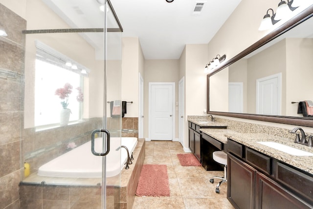 9430 Jayci Hills Ln, Cypress, TX 77433 - full bathroom with a garden tub, double vanity, tile patterned flooring, and tiled shower
