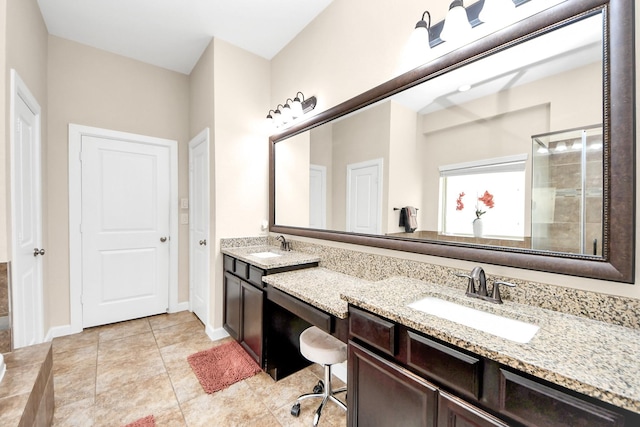 9430 Jayci Hills Ln, Cypress, TX 77433 - bathroom featuring double vanity, a shower stall, and tile patterned flooring