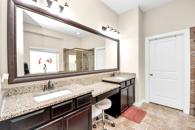 9430 Jayci Hills Ln, Cypress, TX 77433 - bathroom with a stall shower, double vanity, and tile patterned floors
