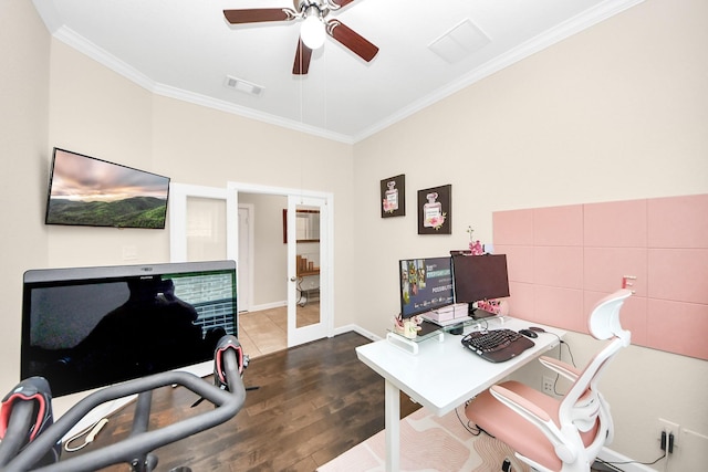 9430 Jayci Hills Ln, Cypress, TX 77433 - home office featuring crown molding, ceiling fan, french doors, and dark wood-type flooring
