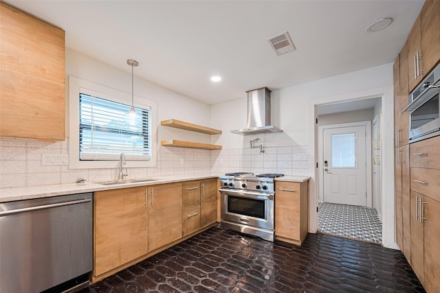 6206 San Felipe St, Houston, TX 77057 - kitchen with stainless steel appliances, wall chimney exhaust hood, backsplash, hanging light fixtures, and open shelves