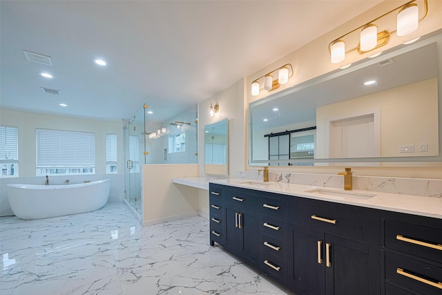 6206 San Felipe St, Houston, TX 77057 - full bath featuring double vanity, a freestanding bath, a stall shower, marble finish floors, and recessed lighting