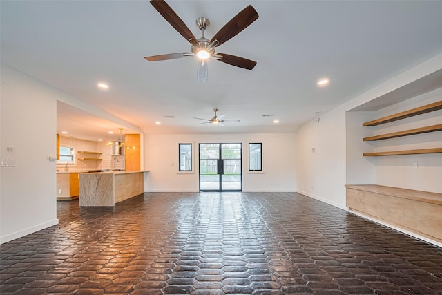 6206 San Felipe St, Houston, TX 77057 - unfurnished living room with ceiling fan and recessed lighting