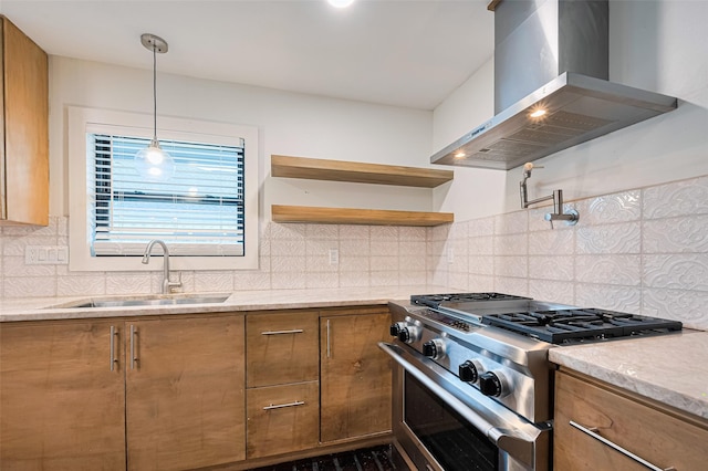 6206 San Felipe St, Houston, TX 77057 - kitchen with stainless steel stove, wall chimney exhaust hood, brown cabinetry, tasteful backsplash, and open shelves