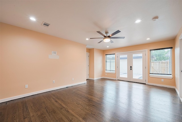 6206 San Felipe St, Houston, TX 77057 - unfurnished room with ceiling fan, french doors, a smoke detector, dark wood finished floors, and recessed lighting