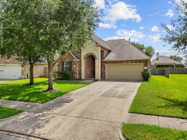 621 Rocky Hollow Ln, League City, TX 77573 - french country inspired facade featuring brick siding, driveway, a garage, and roof with shingles
