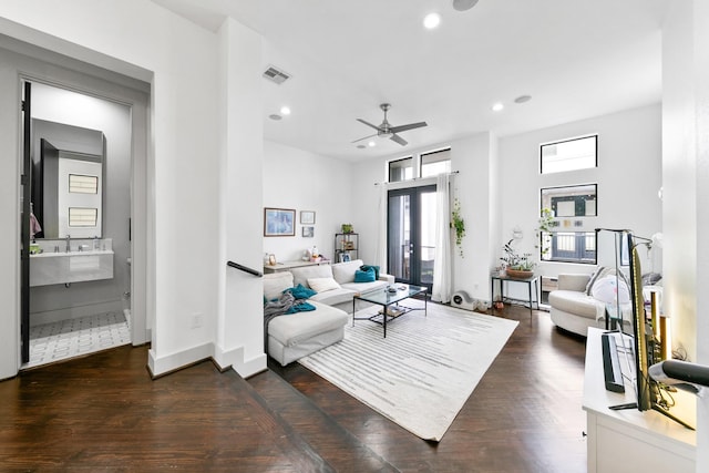 1807 Dart St, Houston, TX 77007 - living area with ceiling fan, recessed lighting, dark wood-style floors, and french doors