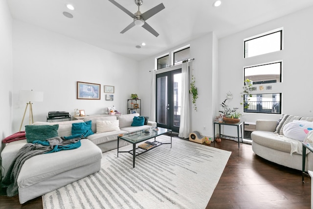 1807 Dart St, Houston, TX 77007 - living room featuring recessed lighting, dark wood finished floors, a high ceiling, and ceiling fan