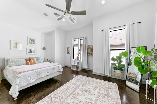 1807 Dart St, Houston, TX 77007 - bedroom with multiple windows, recessed lighting, dark wood-type flooring, and ceiling fan