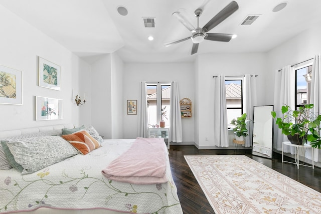 1807 Dart St, Houston, TX 77007 - bedroom featuring dark wood-style flooring, recessed lighting, and a ceiling fan