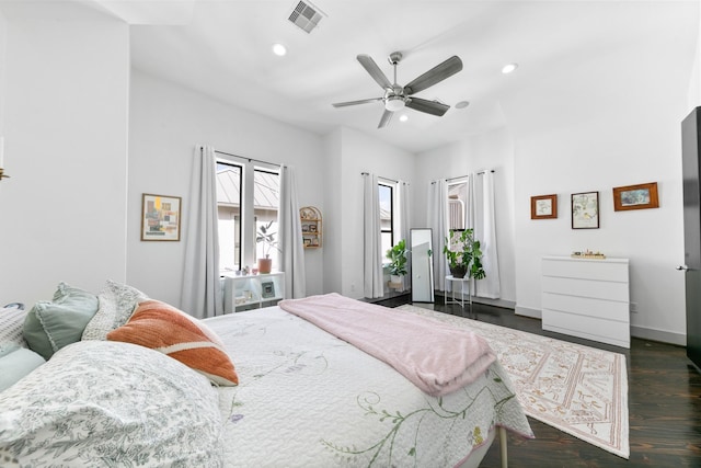 1807 Dart St, Houston, TX 77007 - bedroom featuring recessed lighting, dark wood-type flooring, and ceiling fan