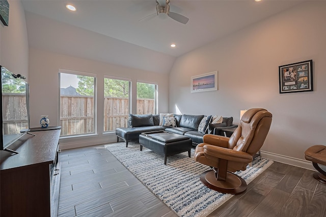 2430 Sunflower Cove Ln, Brookshire, TX 77423 - living room featuring a ceiling fan, recessed lighting, wood finished floors, and lofted ceiling