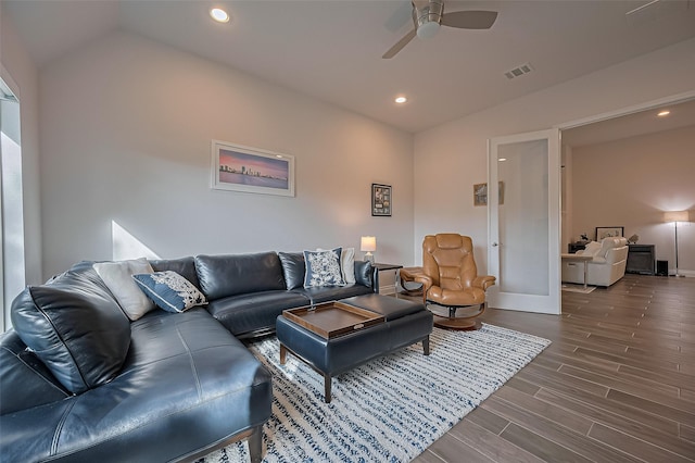 2430 Sunflower Cove Ln, Brookshire, TX 77423 - living room with a ceiling fan, vaulted ceiling, dark wood-style flooring, french doors, and recessed lighting