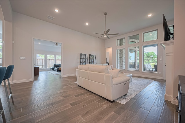 2430 Sunflower Cove Ln, Brookshire, TX 77423 - living room featuring ceiling fan, wood finished floors, and recessed lighting