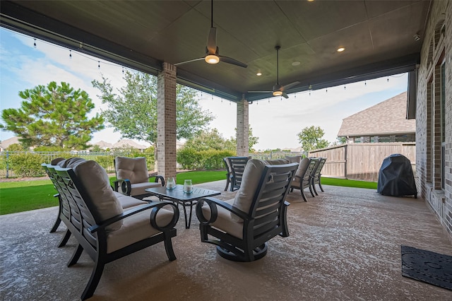 2430 Sunflower Cove Ln, Brookshire, TX 77423 - view of patio / terrace featuring area for grilling, outdoor dining area, ceiling fan, and an outdoor living space