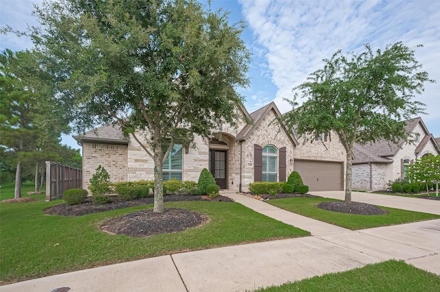 2430 Sunflower Cove Ln, Brookshire, TX 77423 - french provincial home featuring a front lawn, concrete driveway, an attached garage, and brick siding