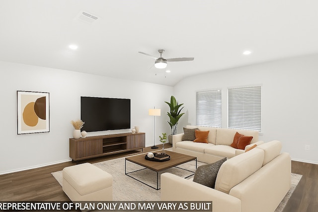 27219 Tulum Cv, Katy, TX 77493 - living area with ceiling fan, wood finished floors, vaulted ceiling, and recessed lighting