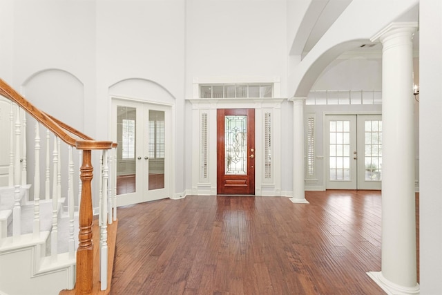 14015 Halprin Creek Dr, Cypress, TX 77429 - entryway with french doors, wood finished floors, healthy amount of natural light, and a towering ceiling